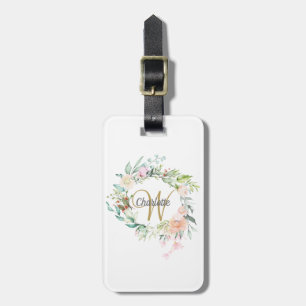 Elegant Gold Script Monogram Roses Floral Luggage Tag