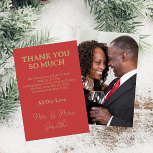 Elegant Gold Script Mr & Mrs Wedding Photo Red Thank You Card