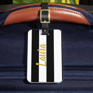 Elegant Gold Script Name Black and White Striped Luggage Tag