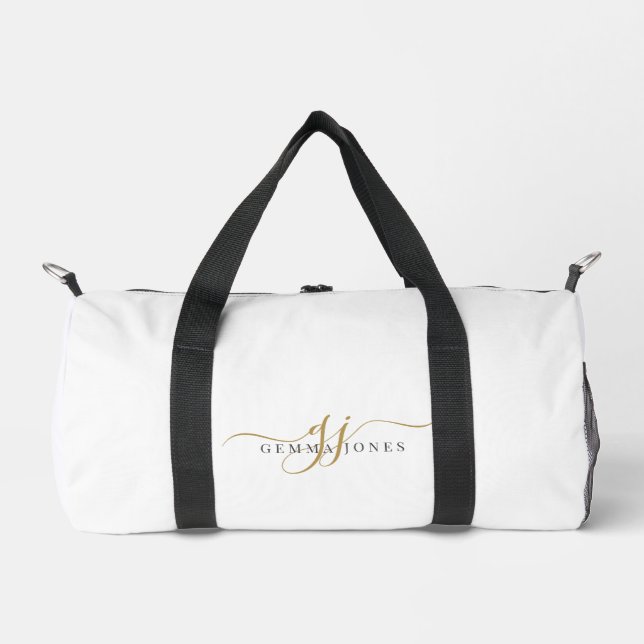 Elegant Gold Script Name Monogram Duffle Bag (Front)