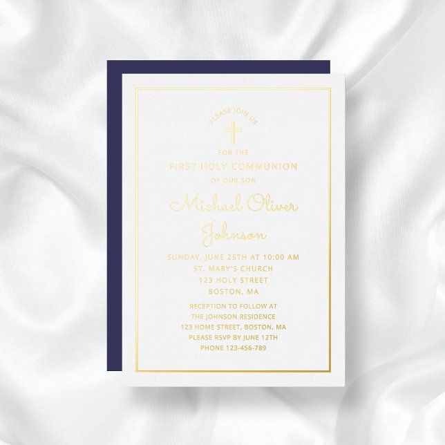 Elegant Gold Script Navy Blue First Communion (Elegant Gold Script Navy Blue First Communion Foil Invitation)