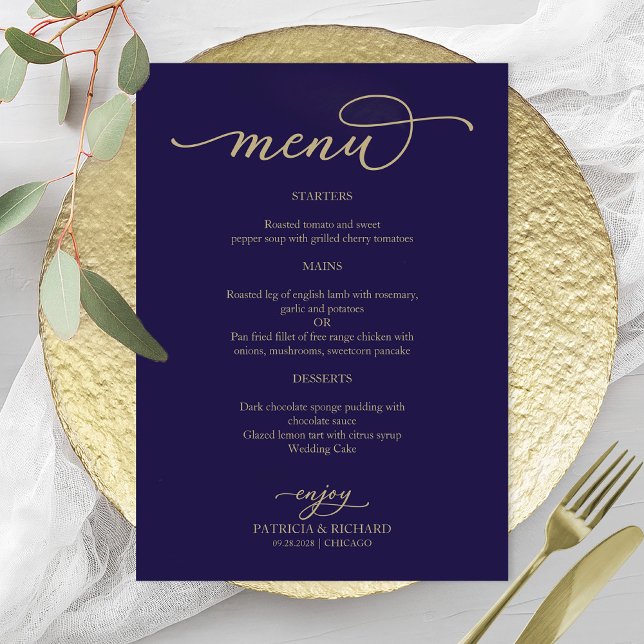 Elegant Gold Script Navy Blue Wedding Menu (Creator Uploaded)