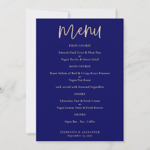 Elegant Gold Script Navy Blue Wedding Menu Invitation