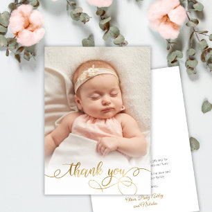 Elegant Gold Script Newborn Baby Photo Thank You Card