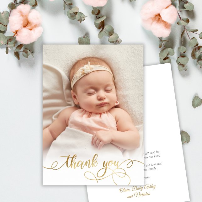 Elegant Gold Script Newborn Baby Photo Thank You Card (Creator Uploaded)
