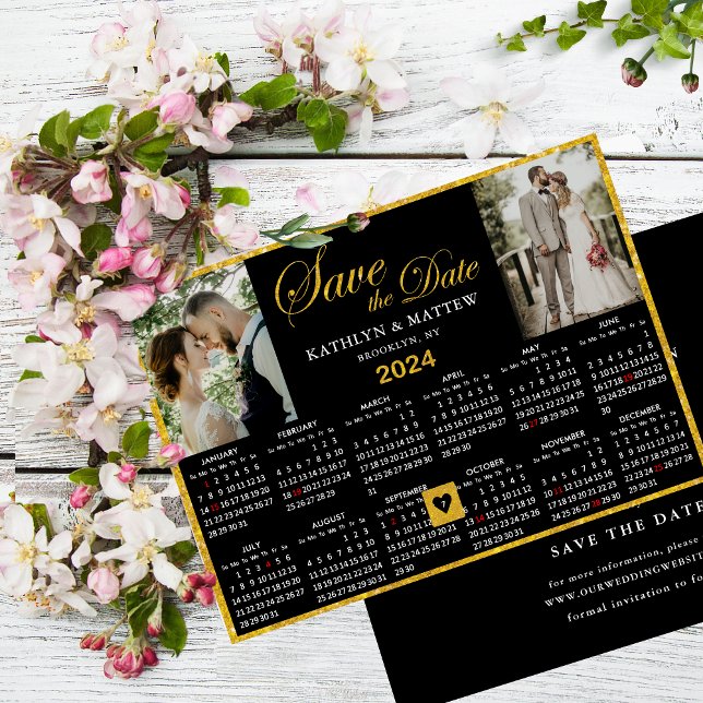 Elegant Gold Script on Black 2 Photo 2024 Calendar Save The Date (Creator Uploaded)