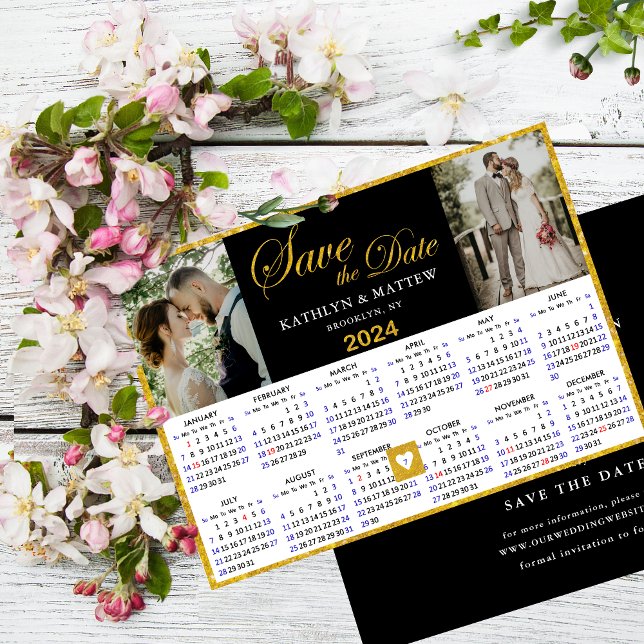 Elegant Gold Script on Black 2 Photo 2024 Calendar Save The Date (Creator Uploaded)
