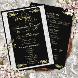 Elegant Gold Script on Black Wedding Ceremony Programme