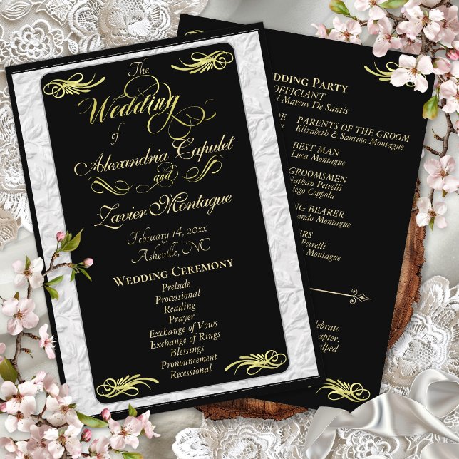 Elegant Gold Script on Black Wedding Ceremony Programme (Creator Uploaded)
