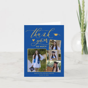 Elegant Gold Script on Blue 4 Photo Graduation Thank You Card