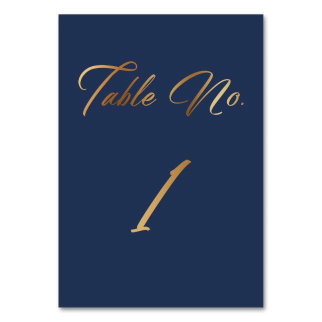 Elegant Gold Script on Navy Table Number 1 Card (Front)