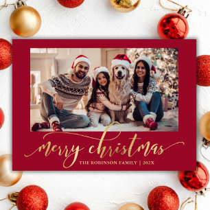 Elegant Gold Script One Photo Red Christmas  Holiday Card