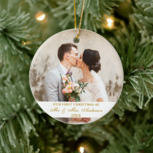 Elegant Gold Script Our First Christmas 2 Photo Ceramic Tree Decoration
