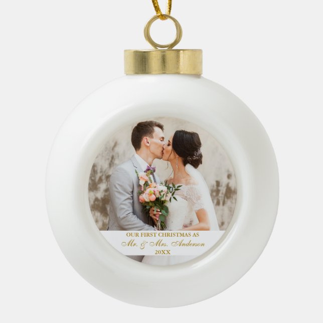 Elegant Gold Script Our First Christmas Ceramic Ball Christmas Ornament (Front)