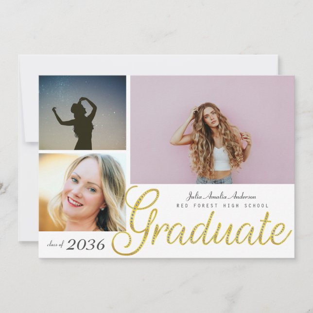Elegant Gold Script Overlay Three Photo Graduation Announcement (Front)