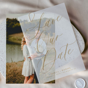 Elegant gold script overlay wedding save the date vellum invitations