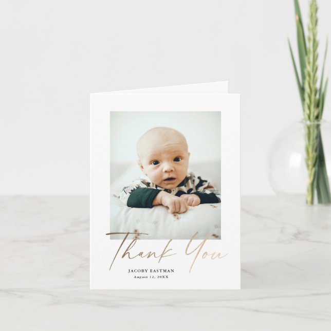Elegant Gold Script Petite Baby Photo Thank You Card (Front)