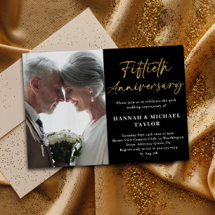 Elegant Gold Script Photo 50th Wedding Anniversary Invitation