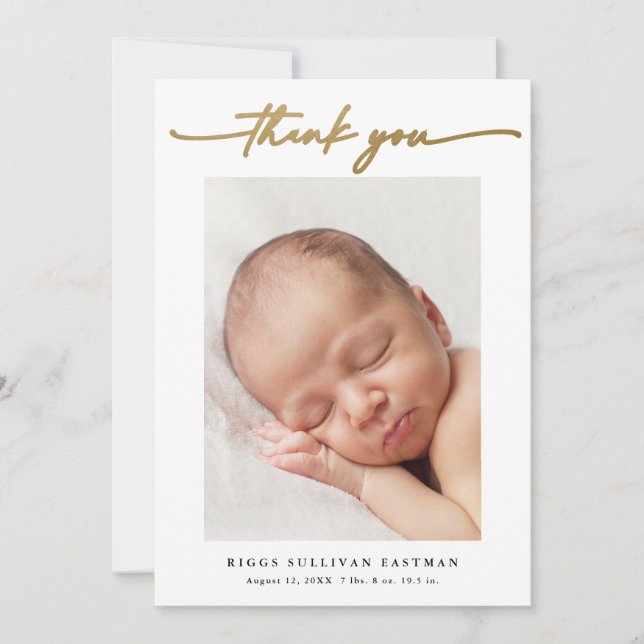 Elegant Gold Script Photo Baby Thank You Card (Front)