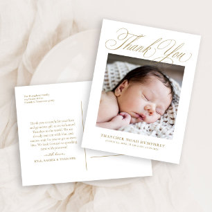 Elegant Gold Script Photo Baby Thank You Postcard