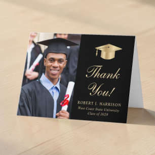 Elegant Gold Script Photo Black Graduation Thank You Card