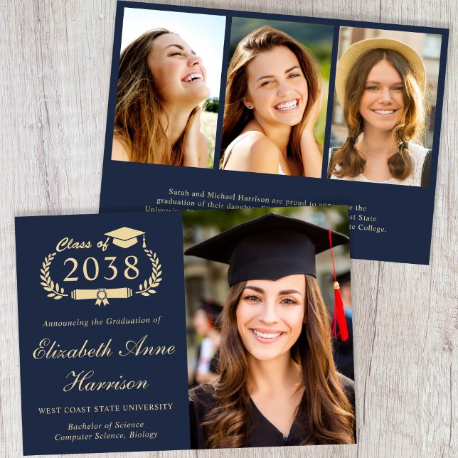 Elegant Gold Script Photo Blue College Graduation Announcement (Elegant Gold Script Photo Blue College Graduation Announcement)