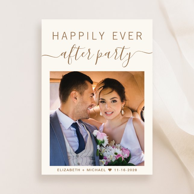 Elegant Gold Script Photo Cream Wedding Reception Invitation (A chic Happily Ever After Party Invitation to set the tone for an unforgettable event)