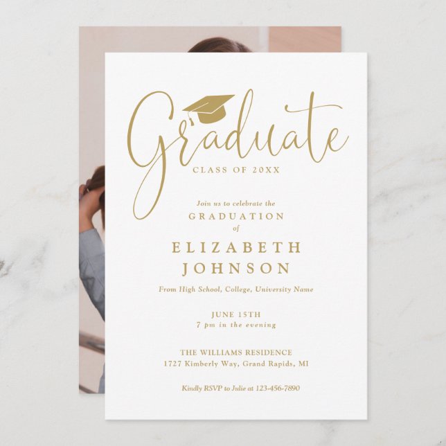 Elegant Gold Script Photo Graduation Party Invitation (Front/Back)