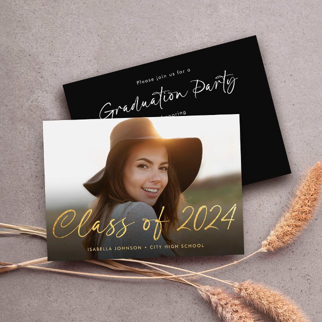 Elegant Gold Script Photo Graduation Party Invitation (Creator Uploaded)
