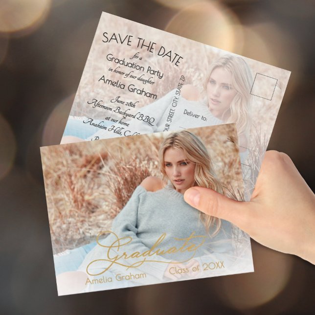 Elegant Gold Script Photo Graduation Save the Date Postcard (Gold script graduation Save the Date postcards feature  photos on both sides, your details on back)