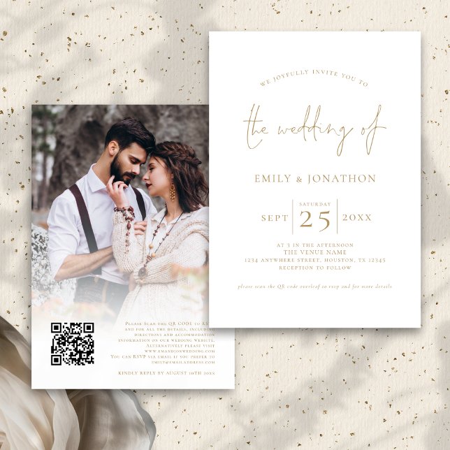 Elegant Gold Script Photo Overlay QR Code Wedding Invitation (Front and back view)