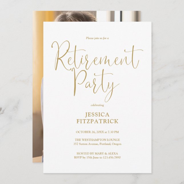 Elegant Gold Script Photo Retirement Party Invitation (Front/Back)