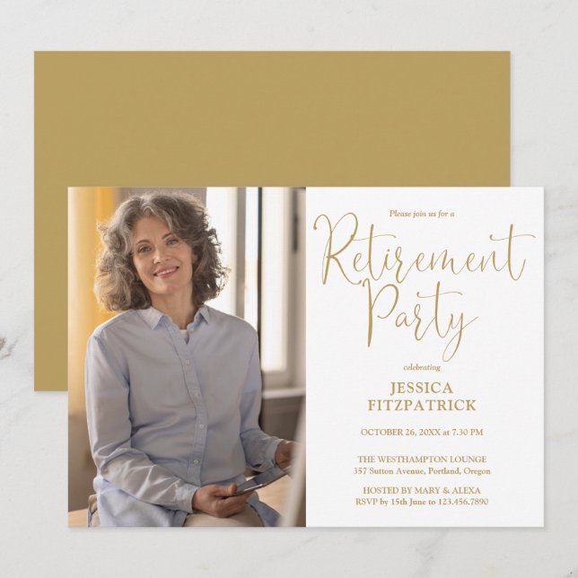Elegant Gold Script Photo Retirement Party Invitation (Front/Back)