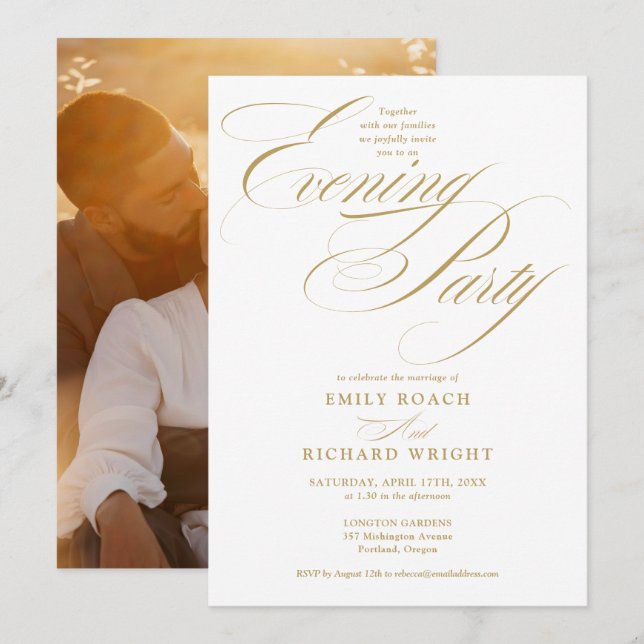 Elegant Gold Script Photo Wedding Evening Party Invitation (Front/Back)