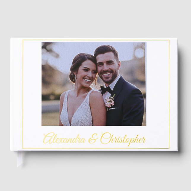 Elegant Gold Script Photo Wedding Guestbook (Front)