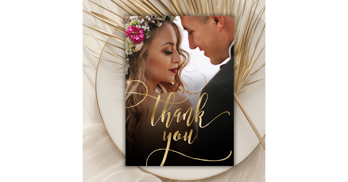 Elegant Gold Script Photo Wedding Thank You Card | Zazzle