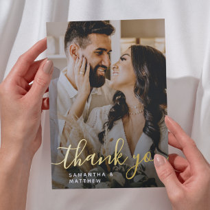 Elegant Gold Script Photo Wedding Thank You Card