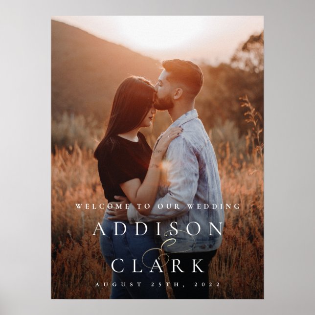 Elegant Gold Script Photo Wedding Welcome Poster (Front)