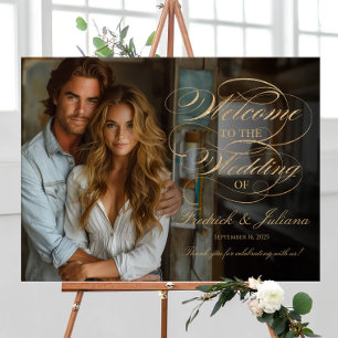 Elegant gold script photo wedding welcome poster