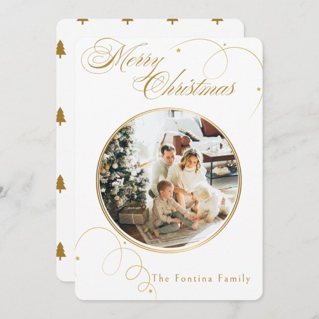 Elegant Gold Script Pine Tree Christmas Photo Holiday Card (Front/Back)