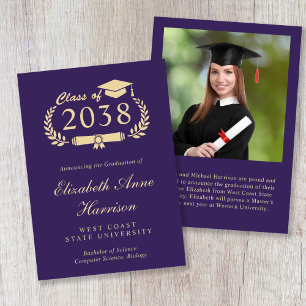 Elegant Gold Script Purple Photo Graduation Announcement