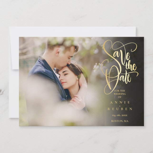 Elegant Gold Script QR Code Photo Wedding Save The Date (Front)