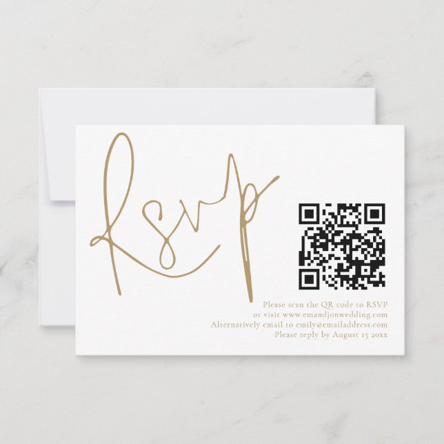 Elegant Gold Script QR Code Wedding RSVP Card (Front)