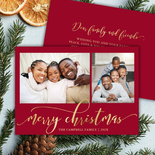 Elegant Gold Script Red 2 Photo Collage Christmas Holiday Card (Creator Uploaded)
