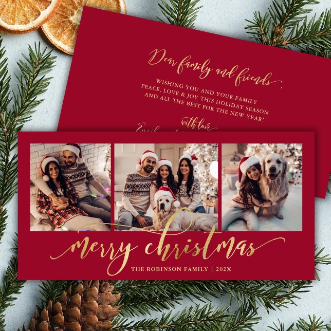 Elegant Gold Script Red 3 Photo Collage Christmas Holiday Card (Creator Uploaded)