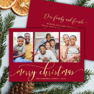 Elegant Gold Script Red 3 Photo Collage Christmas Holiday Card