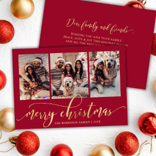 Elegant Gold Script Red 3 Photo Collage Christmas Holiday Card
