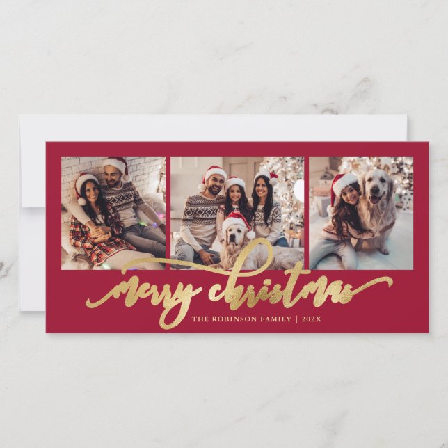 Elegant Gold Script Red 3 Photo Collage Christmas Holiday Card (Front)