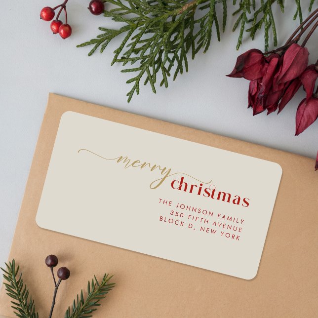 Elegant Gold Script Red Festive Merry Christmas Label (Creator Uploaded)