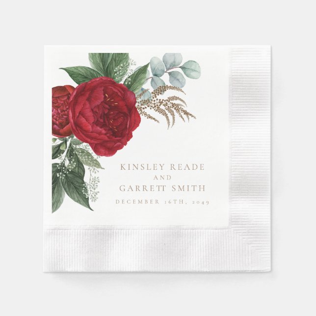 Elegant Gold Script Red Floral Wedding Napkin (Front)